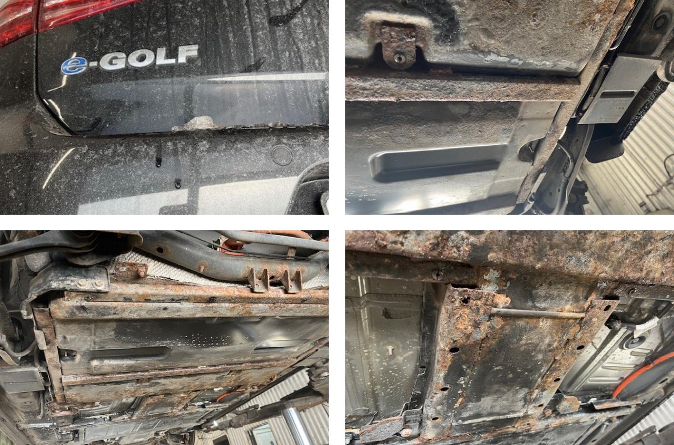 Fire billeder af en VW e-Golf: bagklappen med e-Golf-logo og undervognen med kraftig rust på vanger, beslag og bundplader